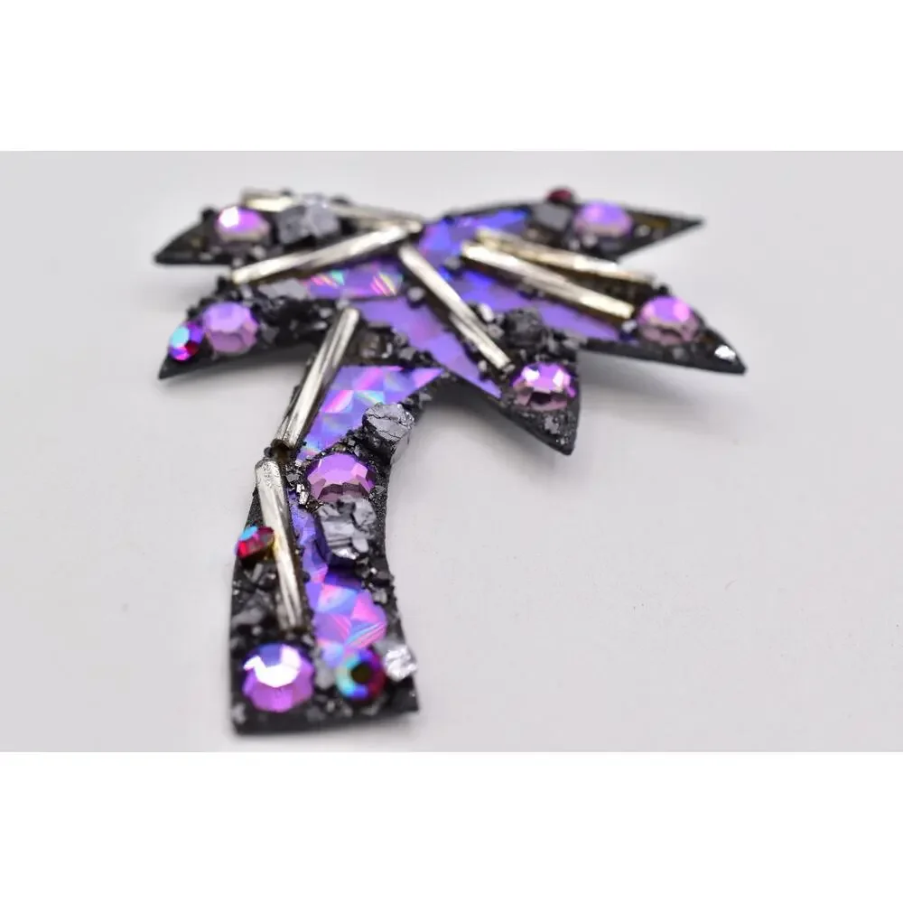 Vintage Designer Signed Palm Tree Brooch Purple Mosaic Galena Crystal Pin BinBI